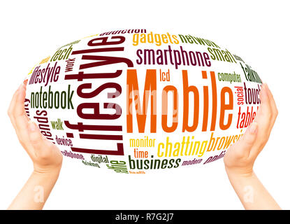 Mobile lifestyle word cloud hand sphere concept on white background. Stock Photo