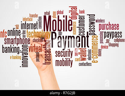 Mobile payment word cloud and hand with marker concept on white background. Stock Photo