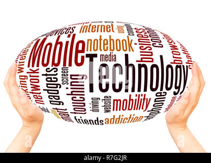 Mobile Technology word cloud hand sphere concept on white background. Stock Photo
