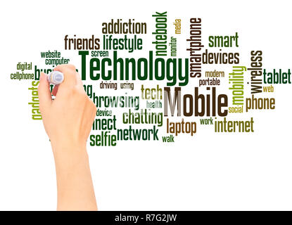 Mobile Technology word cloud hand writing concept on white background. Stock Photo