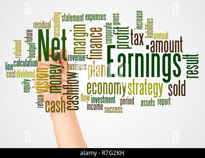 Net Earnings word cloud and hand with marker concept on white background. Stock Photo