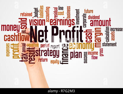 Net profit word cloud and hand with marker concept on white background. Stock Photo