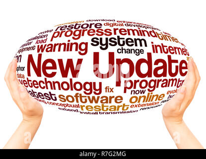 New Update word cloud hand sphere concept on white background. Stock Photo