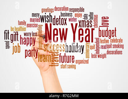 New Year expectations word cloud and hand with marker concept on white background. Stock Photo