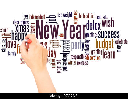New Year expectations word cloud hand writing concept on white background. Stock Photo