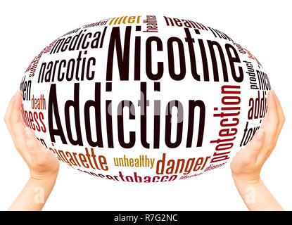 Nicotine addiction word cloud hand sphere concept on white background. Stock Photo