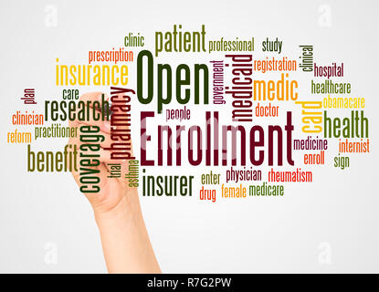 Open Enrollment word cloud and hand with marker concept on white background. Stock Photo