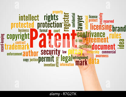 Patent word cloud and hand with marker concept on white background. Stock Photo