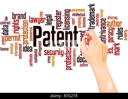 Patent word cloud hand writing concept on white background. Stock Photo