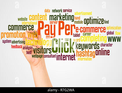 Pay Per Click word cloud and hand with marker concept on white background. Stock Photo