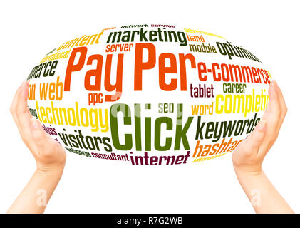Pay Per Click word cloud hand sphere concept on white background. Stock Photo