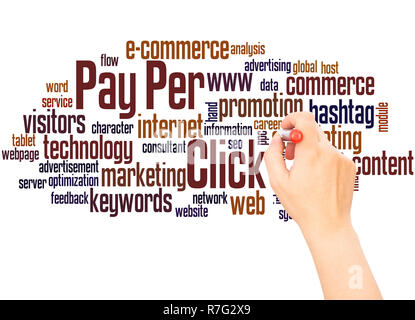 Pay Per Click word cloud hand writing concept on white background. Stock Photo