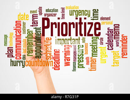 Prioritize word cloud and hand with marker concept on white background. Stock Photo