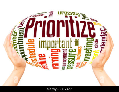 Prioritize word cloud hand sphere concept on white background. Stock Photo