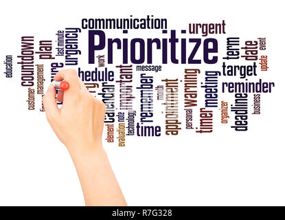 Prioritize word cloud hand writing concept on white background. Stock Photo