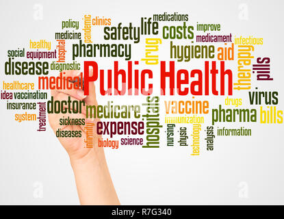 Public health word cloud and hand with marker concept on white background. Stock Photo