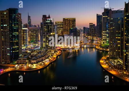 Scenic view of Dubai Marina in UAE after sunset Stock Photo