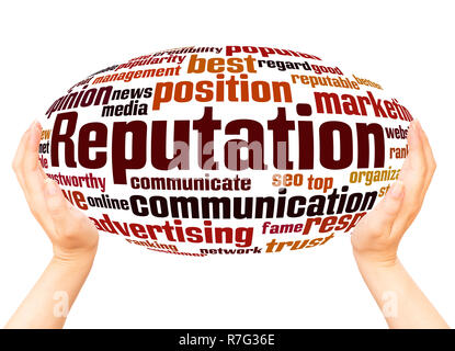 Reputation word cloud hand sphere concept on white background. Stock Photo