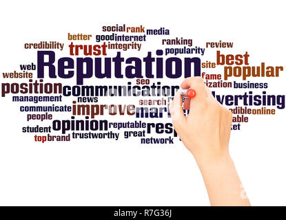 Reputation word cloud hand writing concept on white background. Stock Photo