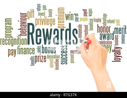 Rewards word cloud hand writing concept on white background. Stock Photo