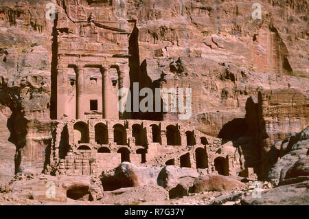 The Royal Urn Tomb carved out of the rock face in the ancient Nabataean ...