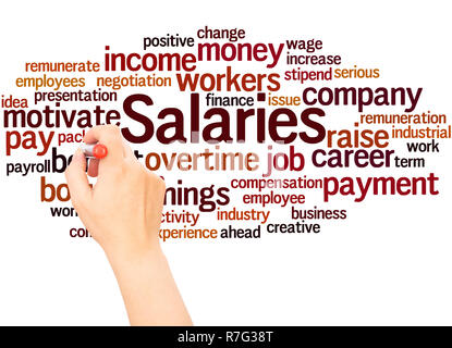 Salaries word cloud hand writing concept on white background. Stock Photo