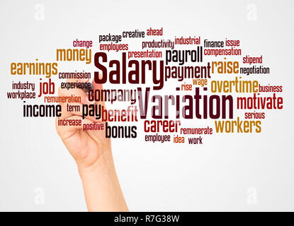 Salary variation word cloud and hand with marker concept on white background. Stock Photo
