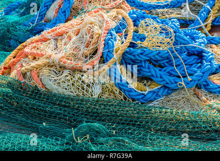 Coloured fishing nets. Close up view of fishing net Stock Photo