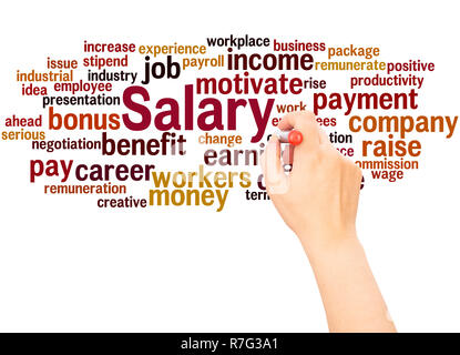Salary word cloud hand writing concept on white background. Stock Photo