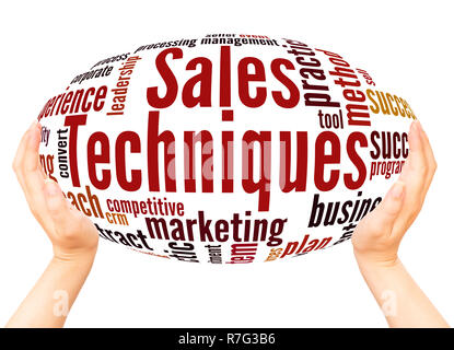Sales Techniques word cloud hand sphere concept on white background. Stock Photo