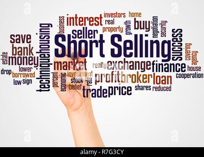 Short Selling word cloud and hand with marker concept on white background. Stock Photo