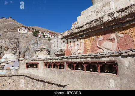 Chortens, prayer wheels and mani stones in Lamayuru Monastery, Ladakh, Jammu and Kashmir, India Stock Photo