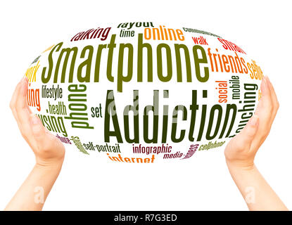 Smartphone addiction word cloud hand sphere concept on white background. Stock Photo