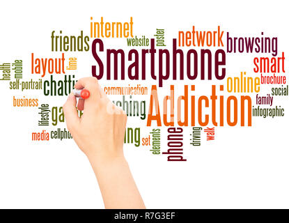 Smartphone addiction word hand writing cloud concept on white background. Stock Photo