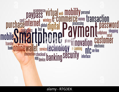 Smartphone Payment word cloud and hand with marker concept on white background. Stock Photo