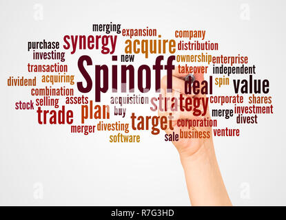 Spinoff word cloud and hand with marker concept on white background. Stock Photo