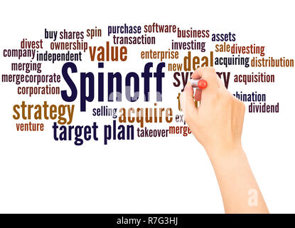 Spinoff word cloud hand writing concept on white background. Stock Photo