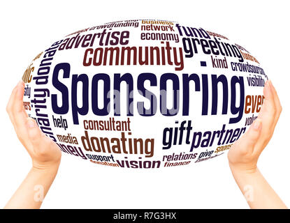 Sponsoring word cloud hand sphere concept on white background. Stock Photo
