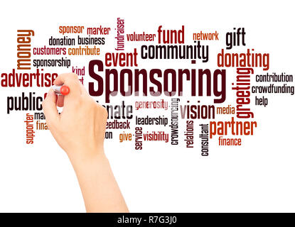 Sponsoring word cloud hand writing concept on white background. Stock Photo