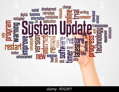 System Update word cloud and hand with marker concept on white background. Stock Photo