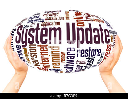 System Update word cloud hand sphere concept on white background. Stock Photo