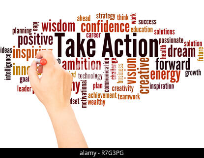 Take Action word cloud hand writing concept on white background. Stock Photo