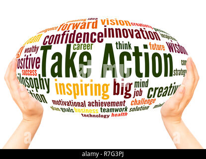 Take Action word cloud hand sphere concept on white background. Stock Photo
