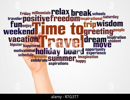 Time to Travel word cloud and hand with marker concept on white background. Stock Photo