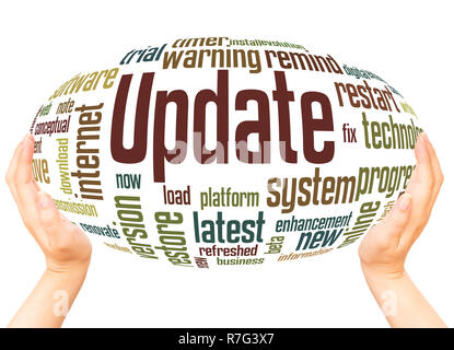 Update word cloud hand sphere concept on white background. Stock Photo