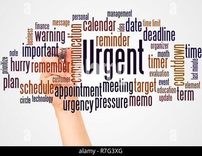 Urgent word cloud and hand with marker concept on white background. Stock Photo