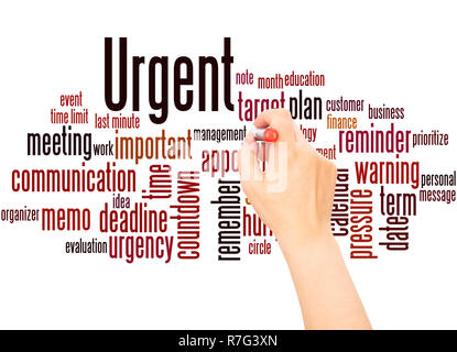 Urgent word cloud hand writing concept on white background. Stock Photo