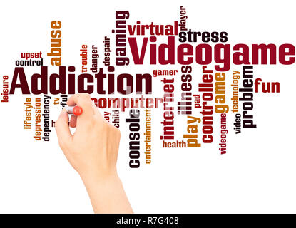 Videogame addiction word cloud hand writing concept on white background. Stock Photo