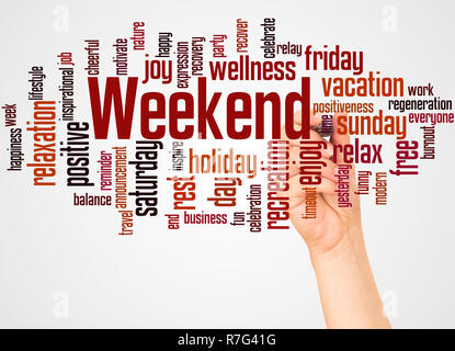 Weekend word cloud and hand with marker concept on white background. Stock Photo
