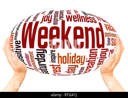 Weekend word cloud hand sphere concept on white background. Stock Photo